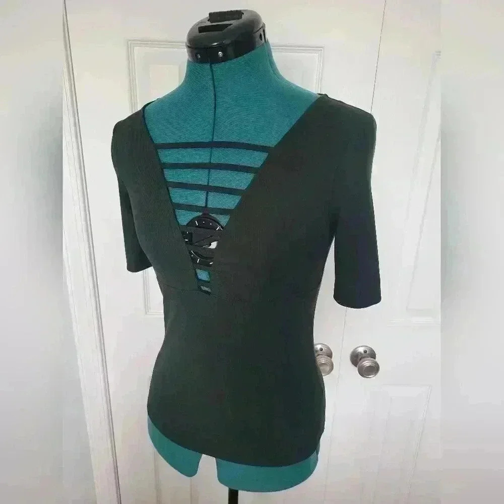 H&M Strappy V-Neck Green Going Out Top Short Sleeve Size S